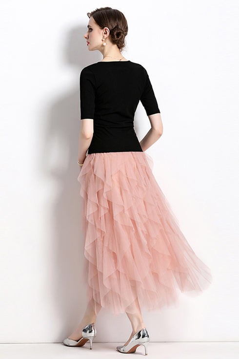 Runway Fashion 2-Pcs V-Neck Top With Cascading Ruffled Ankle Length A-line Skirt Dress